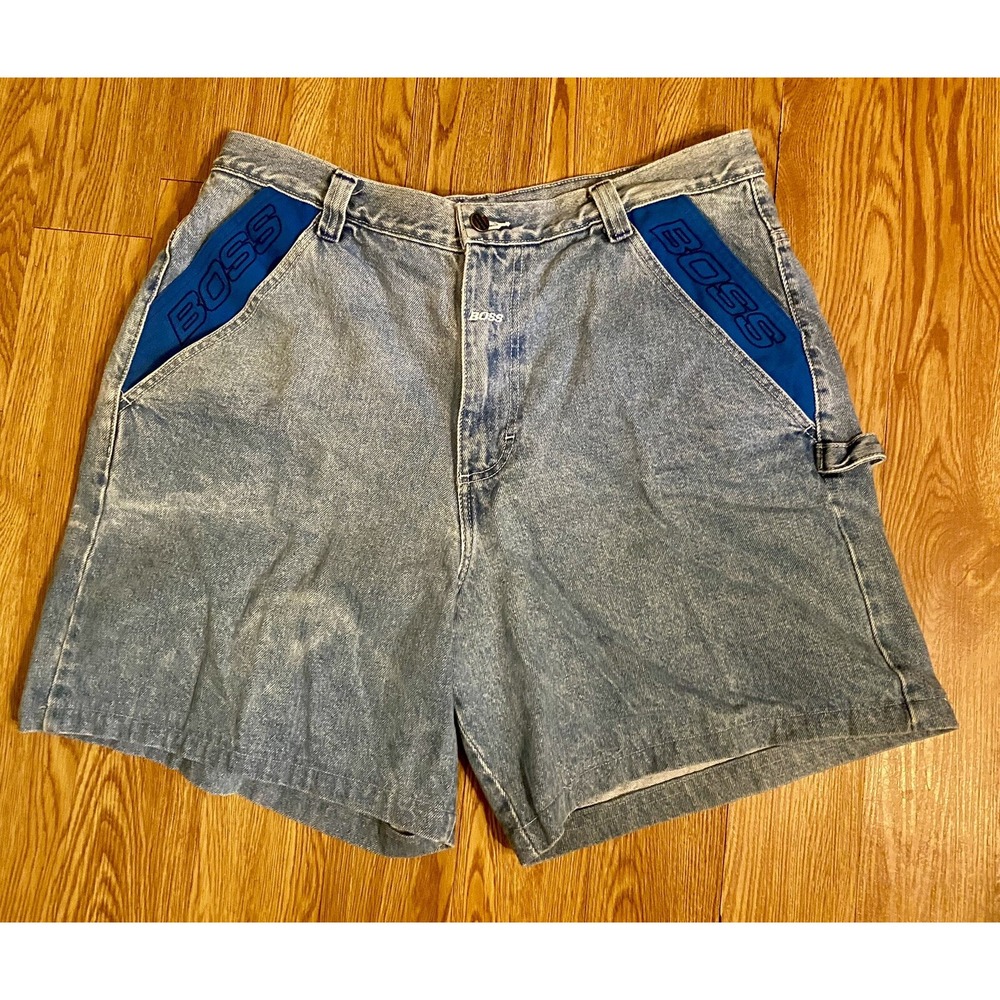 Boss Jean Shorts VTG Distressed Side‎ Spell Outs Men's Sz 38 Faded Look Y2K